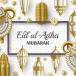 Eid Ul Adha Background. Islamic Arabic lanterns and sheep. Greeting card. Festival of the Sacrifice. Vector illustration.