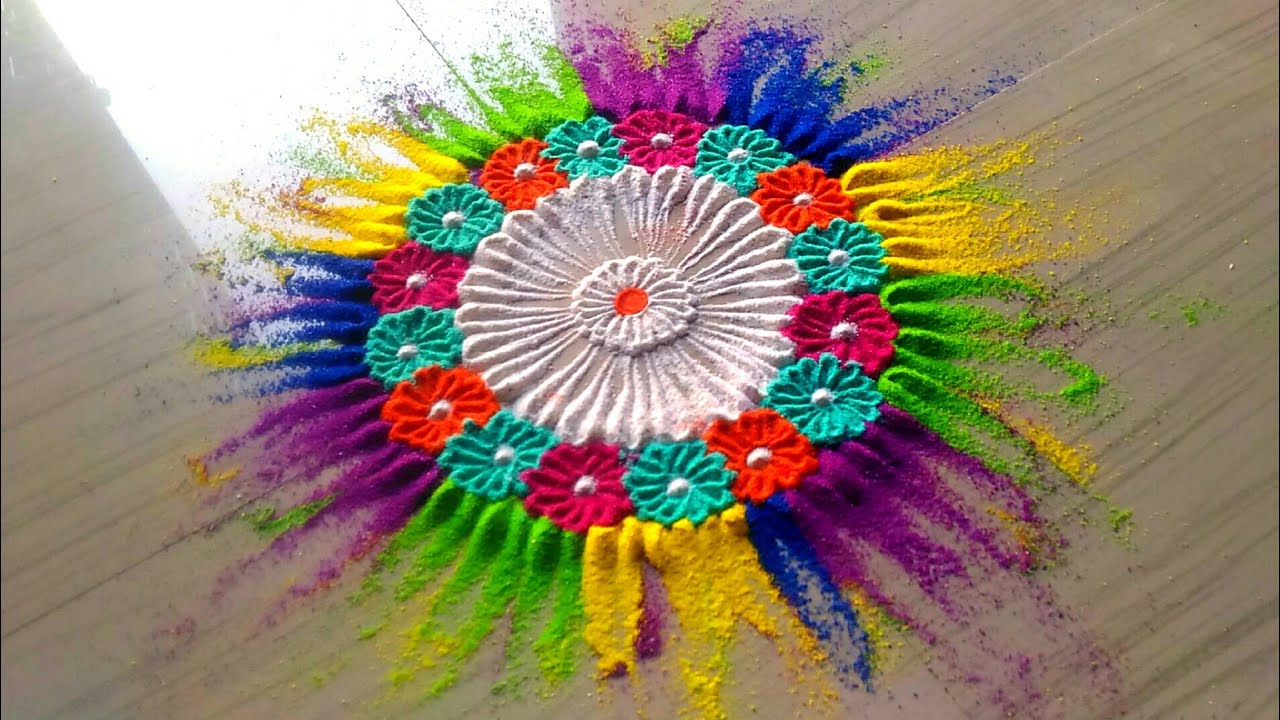 Holi Rangoli Designs Pattern With Video 2020 By This Method You Can Create the Best Colorful Flower Rangoli. Make Special Rangoli by Watching Tutorial Video
